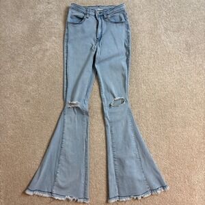 Saints & Hearts Distressed Knee Flare Jeans Frayed Hem Light‎ Wash S